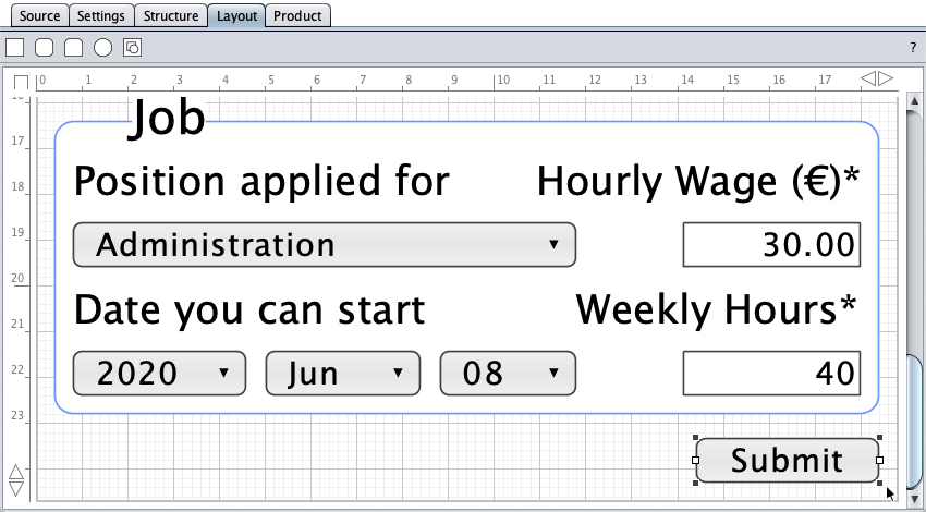 Layout view of the job application form