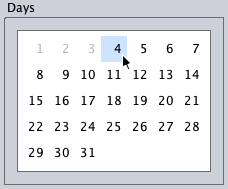 Specifying the days in the properties dialog of a day select component