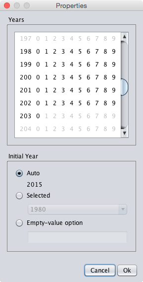 The properties dialog of the year select component