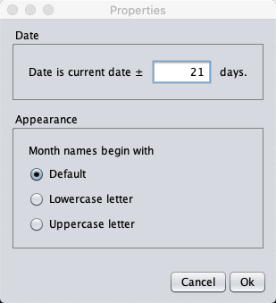 The properties dialog of the date string component