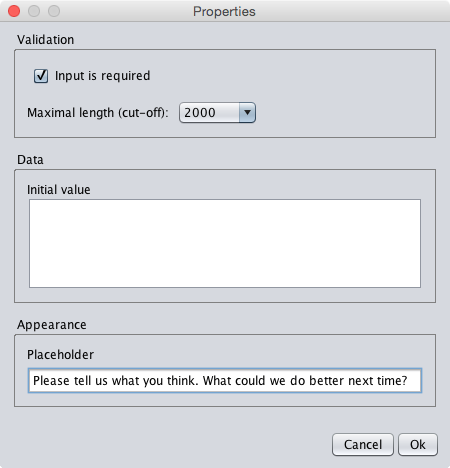 The properties dialog of the editable textarea component