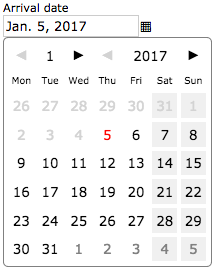 A HTML form date textfield with a date picker and a toggle button