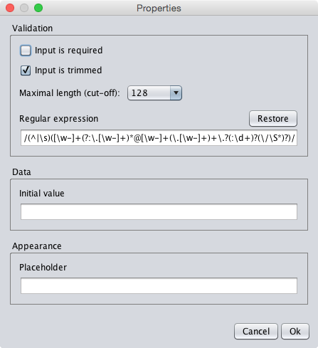 The properties dialog of the email textfield component