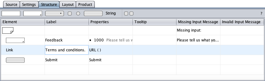 Changing the string component label to Terms and conditions in the conditional submit button form