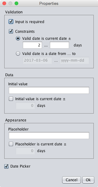 Range, initial input, and placeholder for the departure date field